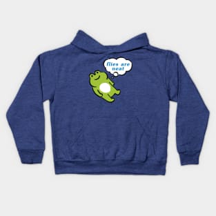 kawaii cute green frog contemplating life / flies are neat text Kids Hoodie